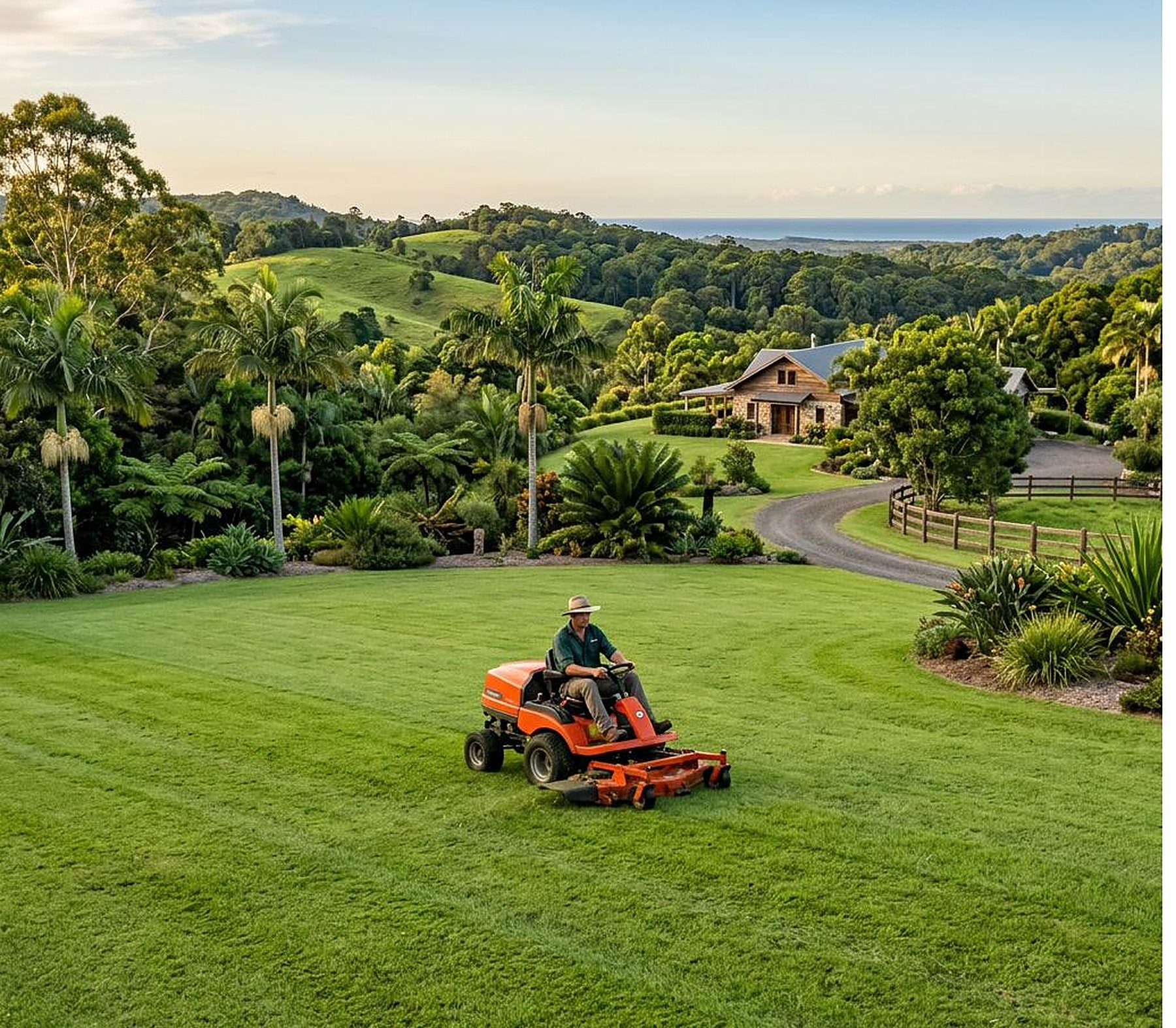 Ride-on mower cutting a lush green acreage lawn at golden hour in the Northern Rivers, with rolling hinterland and the ocean beyond