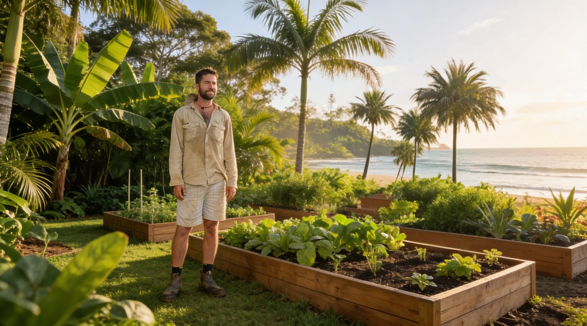 Raised vegetable garden beds planted out on a coastal Northern Rivers block