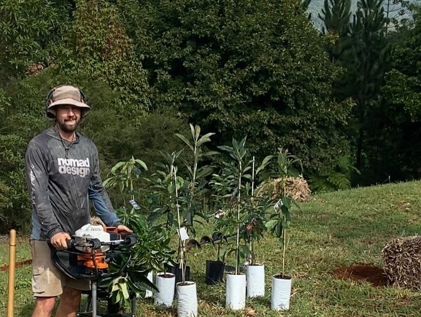 Michael with an auger and a row of potted fruit trees ready to plant on a Northern Rivers block