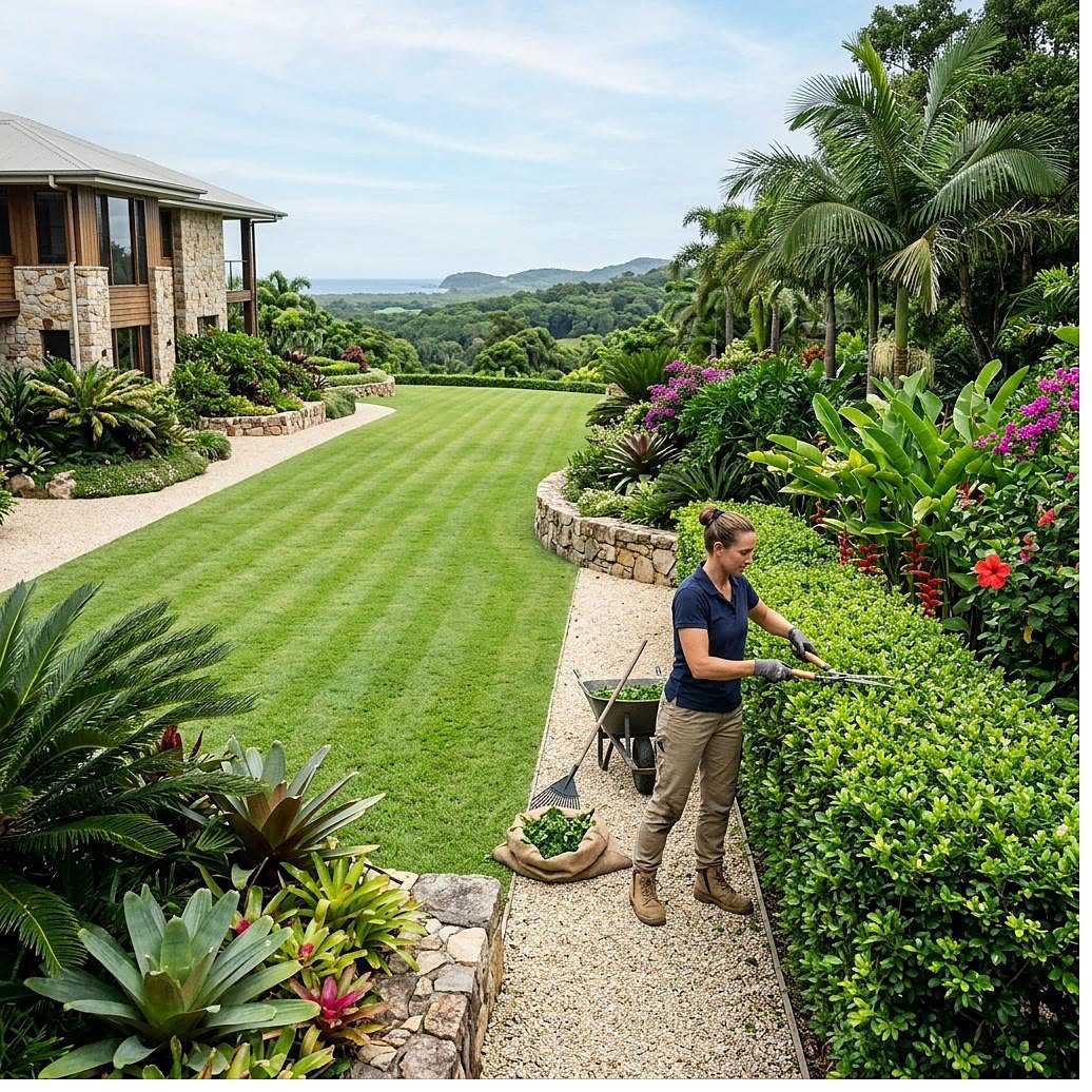 Tucki Gardens crew carrying out garden maintenance in the Northern Rivers